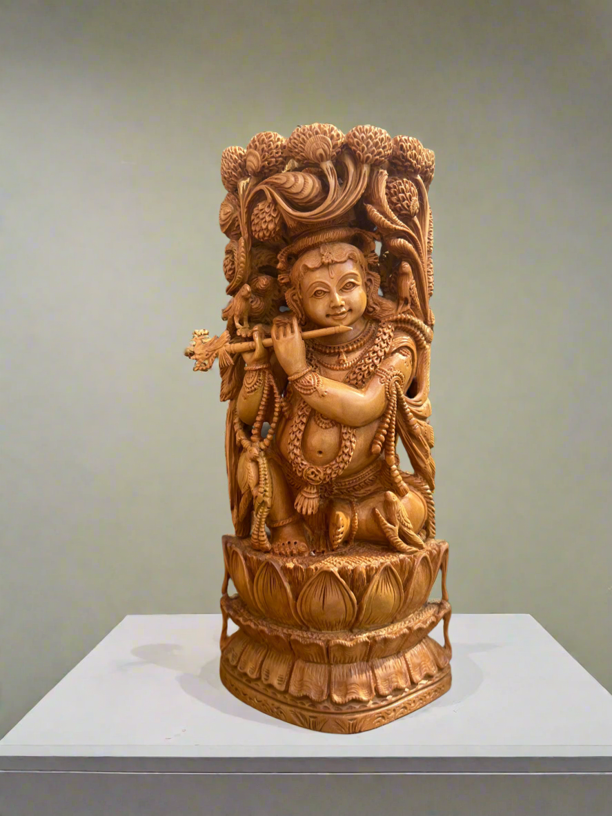 8” inches Sandalwood Baal Krishna Playing Flute