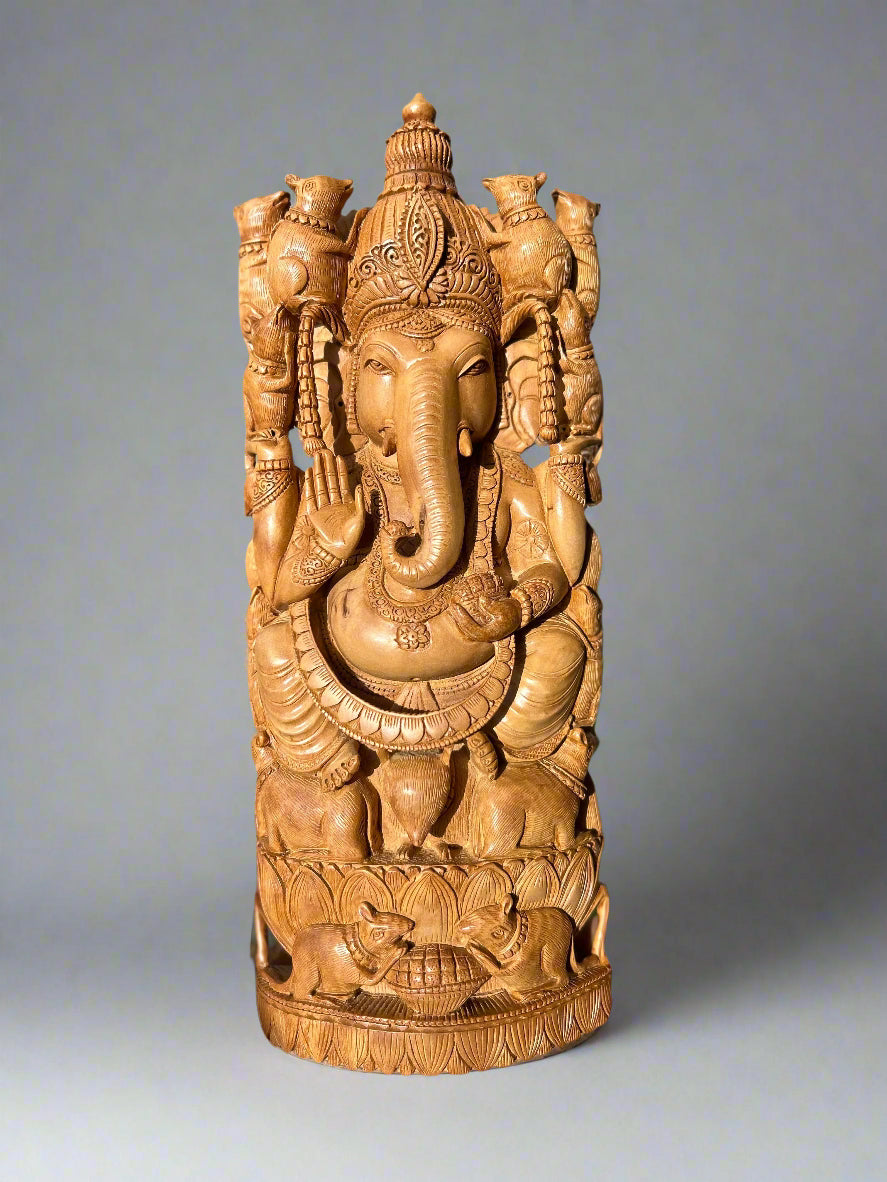 Sandalwood Rare Ganesha Sitting on Mouse statue.
