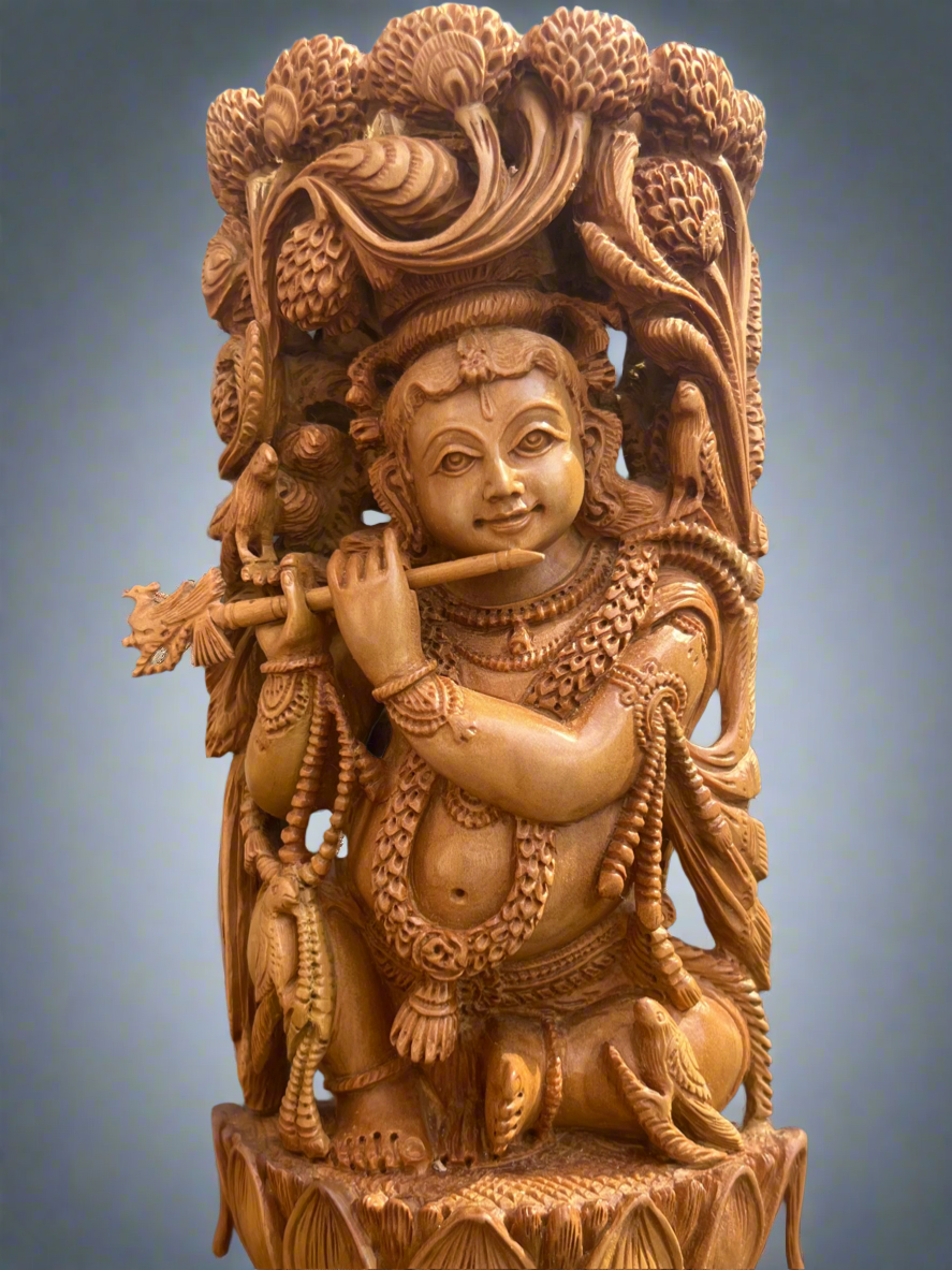 8” inches Sandalwood Baal Krishna Playing Flute