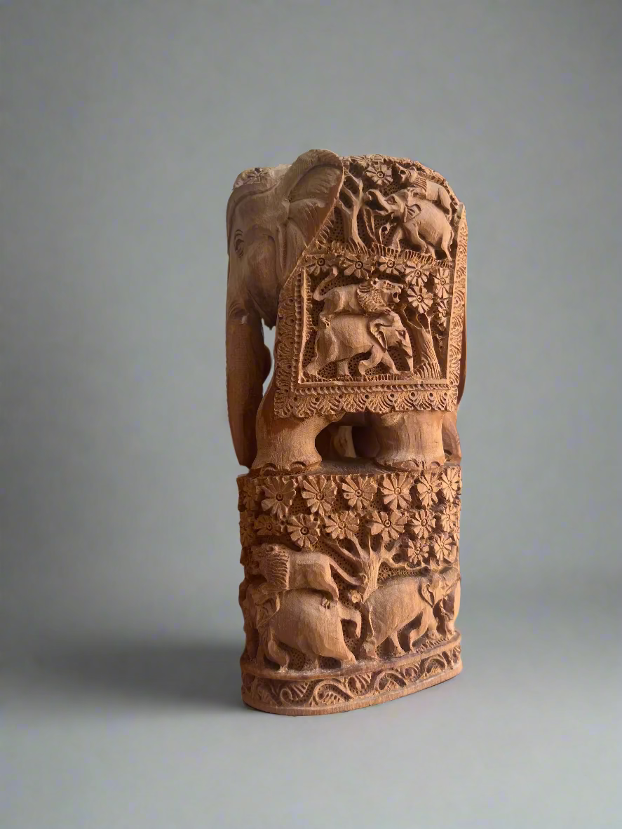 Raw Sandalwood Elephant Carving on Base