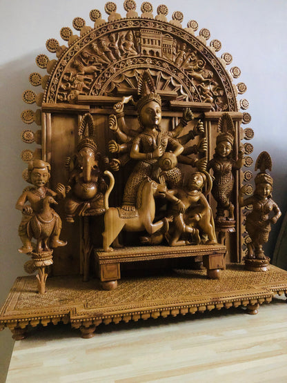 Large Sandalwood "Shrine of Goddess Durga" Mahishasuramardini