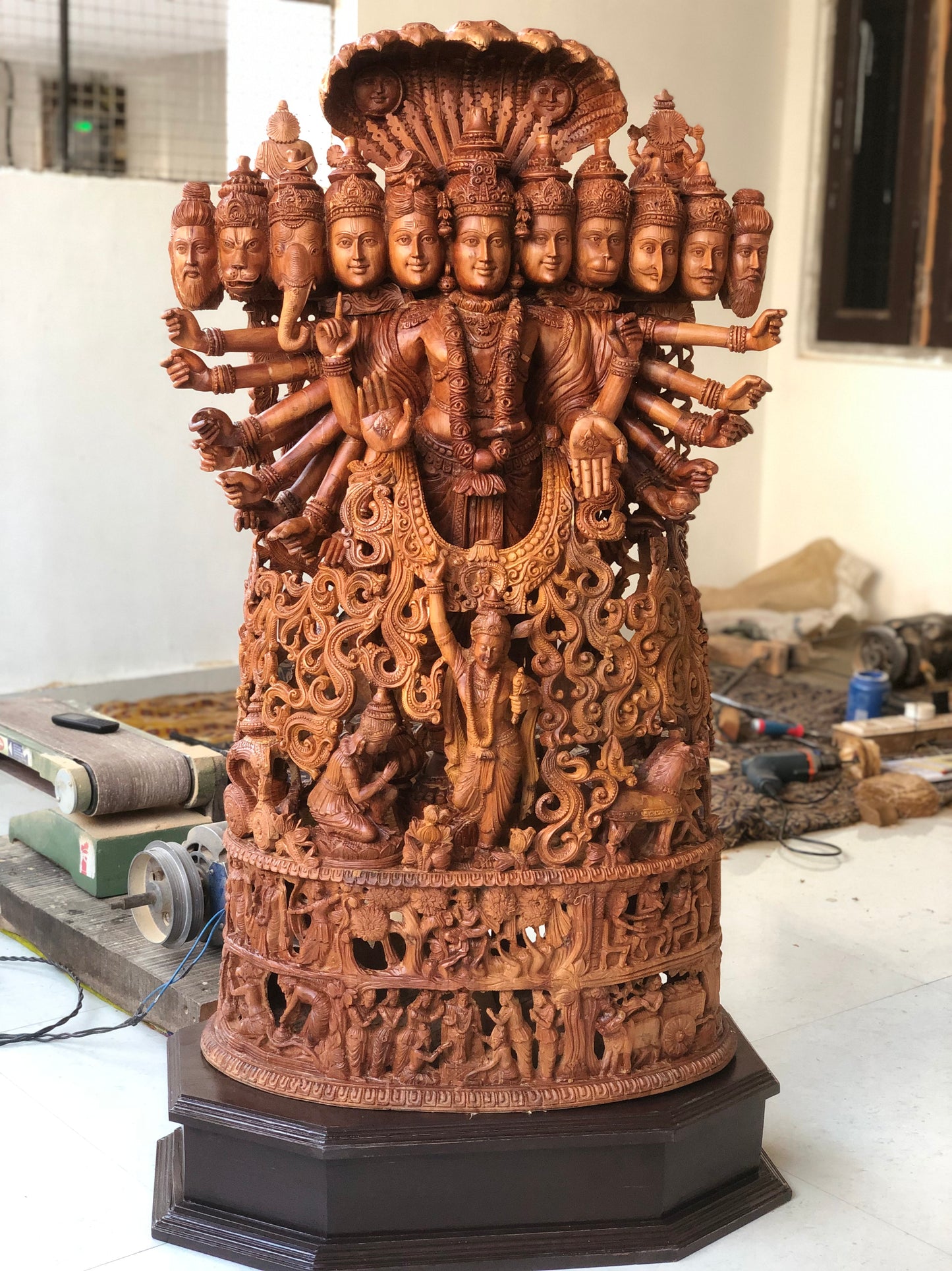 Sandalwood Fine Carved Viswaroopam With Mahabharata Story Sculpture