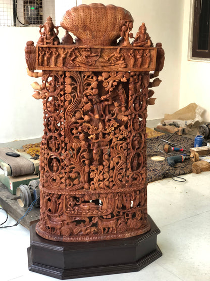 Sandalwood Fine Carved Viswaroopam With Mahabharata Story Sculpture