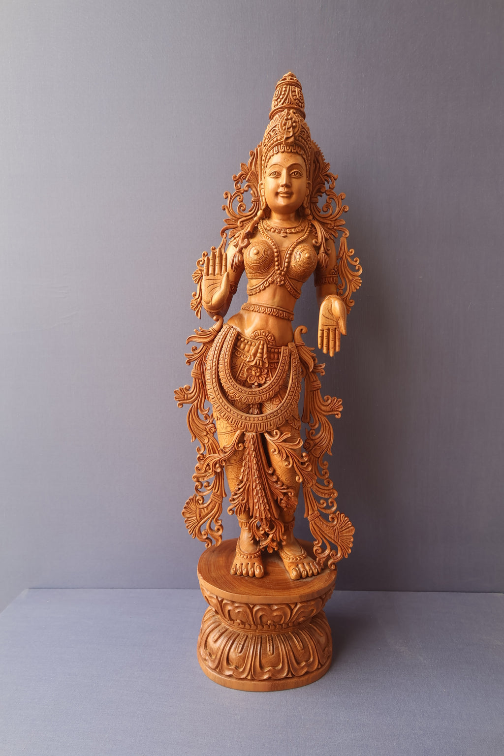 Unique Sandalwood Carved Hindu Goddess Laxmi Idol