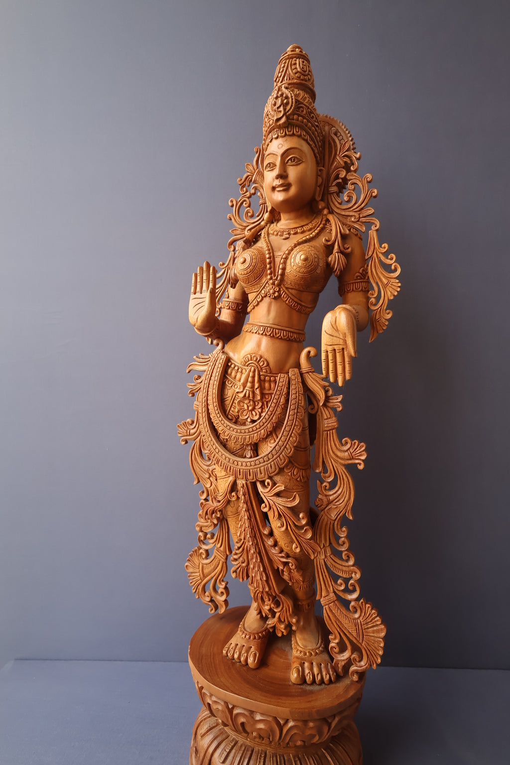 Unique Sandalwood Carved Hindu Goddess Laxmi Idol