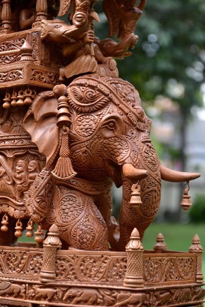 Sandalwood Fine Carved Royal Elephant Ambabari with Opening Base