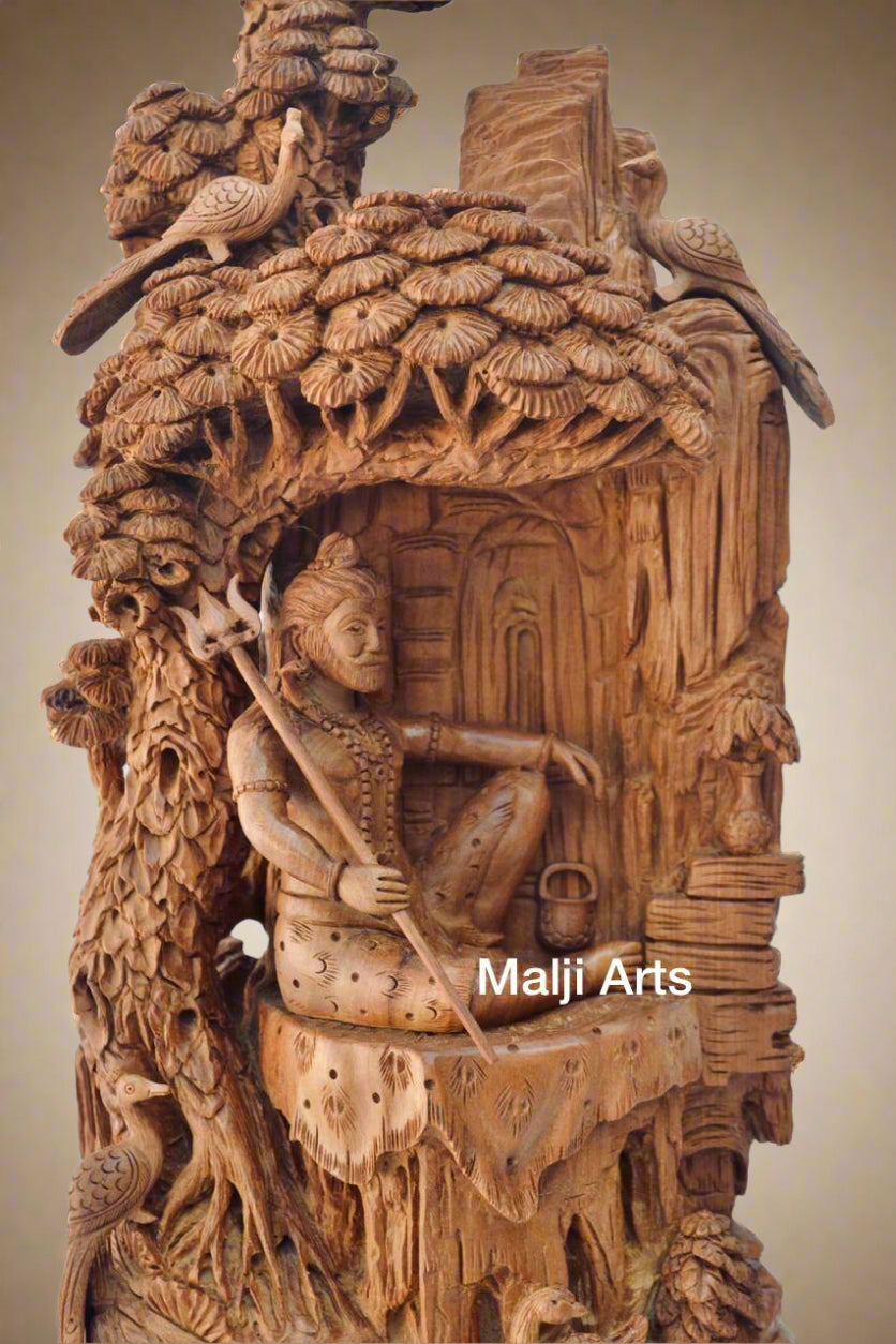 Sandalwood Shiva Resting Statue Under Tree - Malji Arts