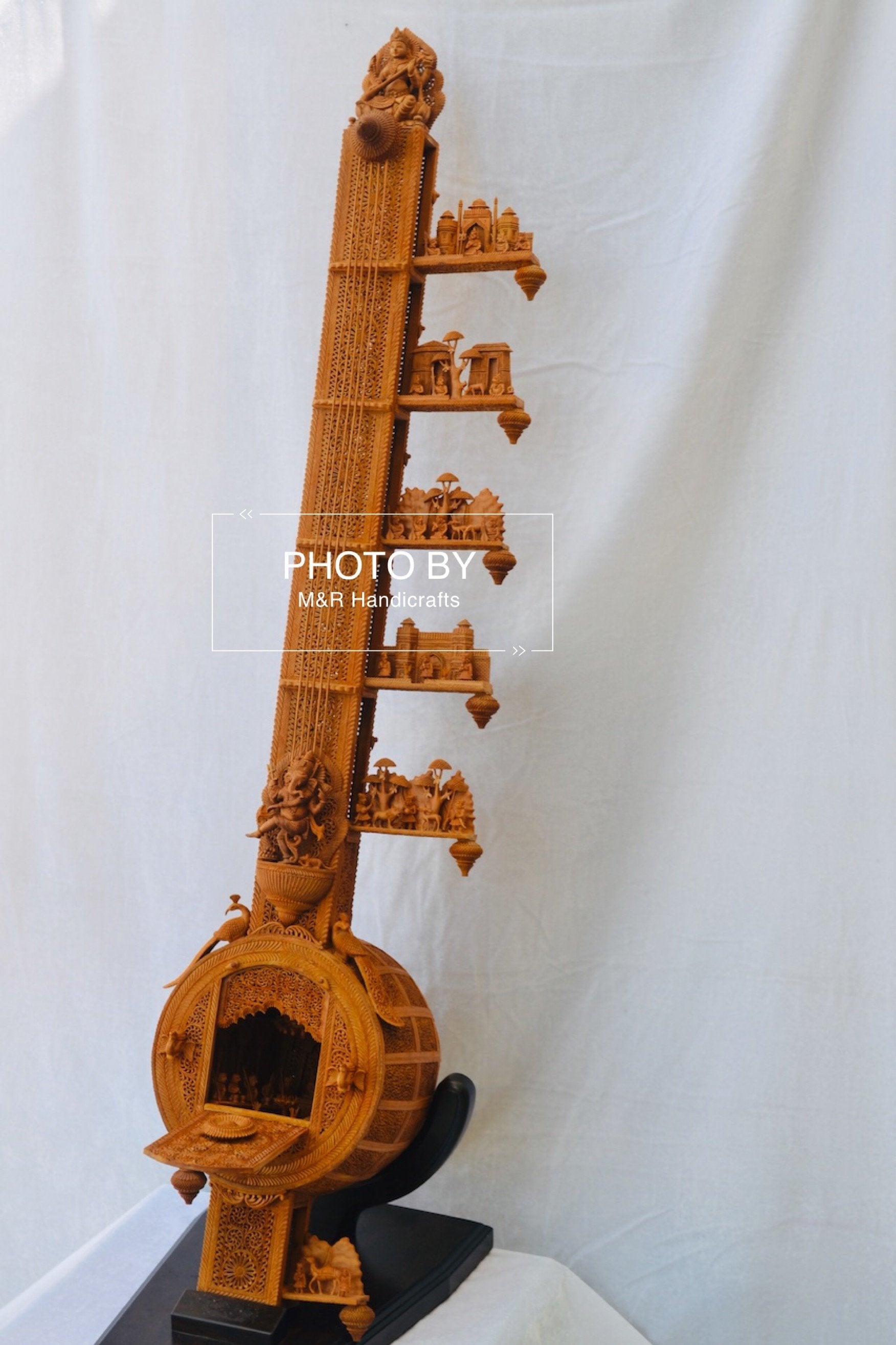 Unique 4ft Sandalwood Carved Opening Sitar or Veena Collective Art - Malji Arts