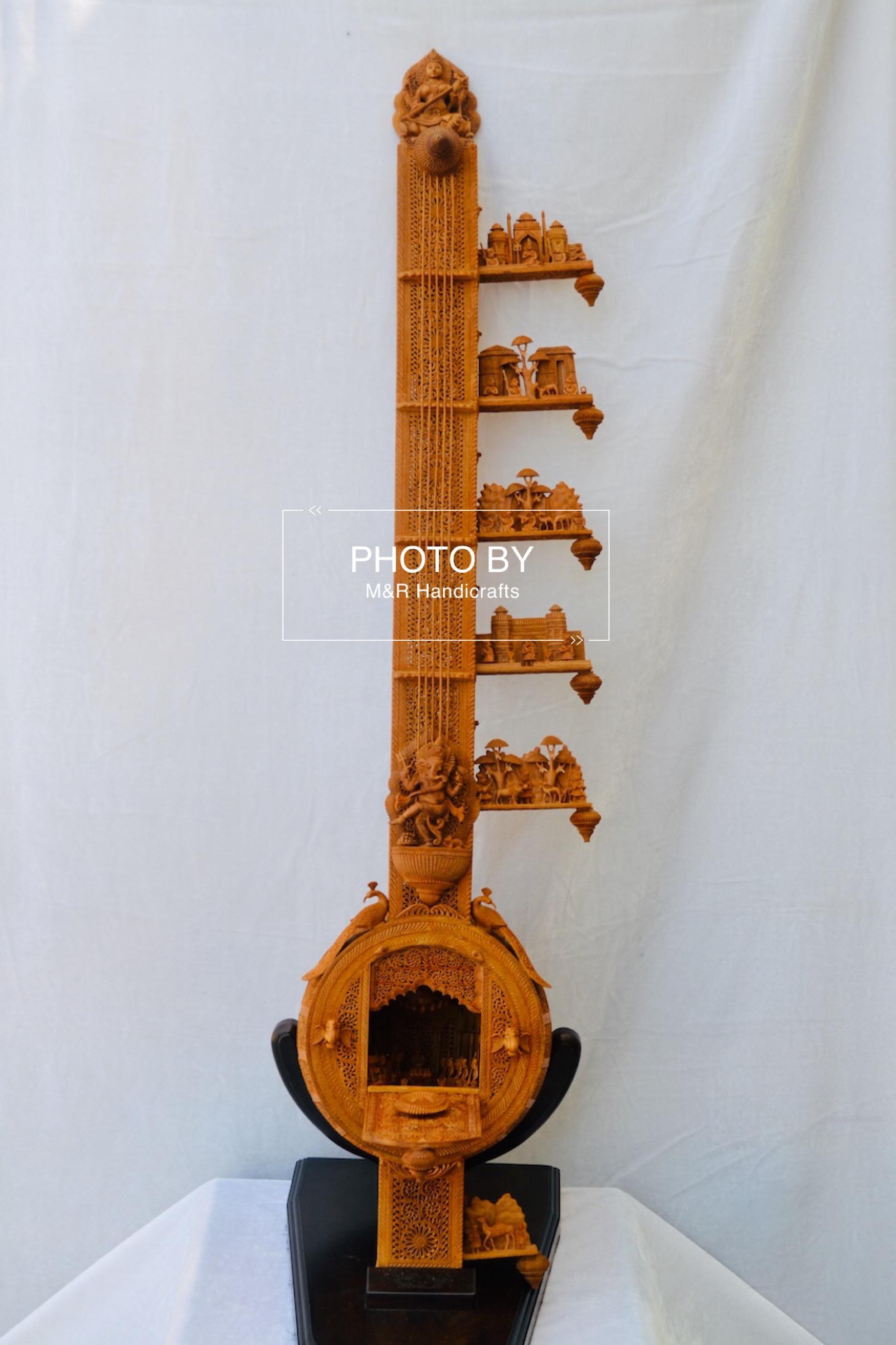 Unique 4ft Sandalwood Carved Opening Sitar or Veena Collective Art - Malji Arts