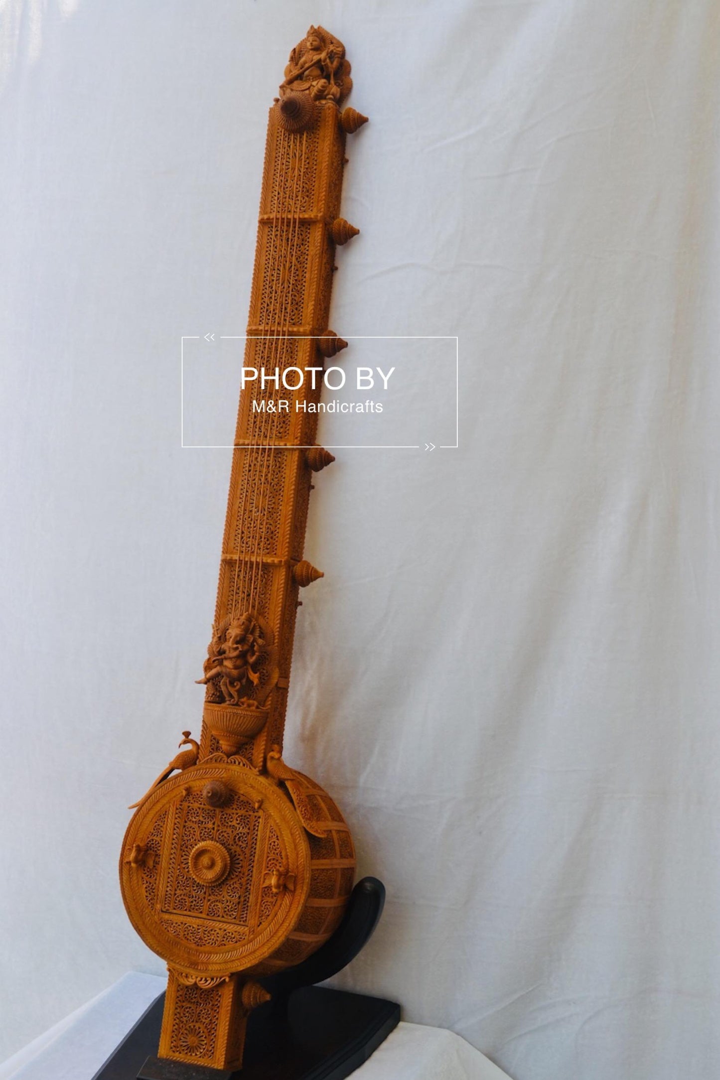 Unique 4ft Sandalwood Carved Opening Sitar or Veena Collective Art - Malji Arts