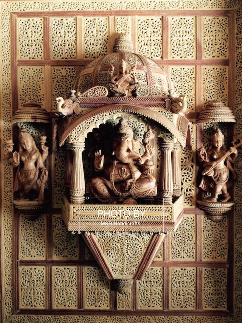Sandalwood Carved GANESH DARBAR JHAROKHA, Wall Hanging Artwork - Malji Arts