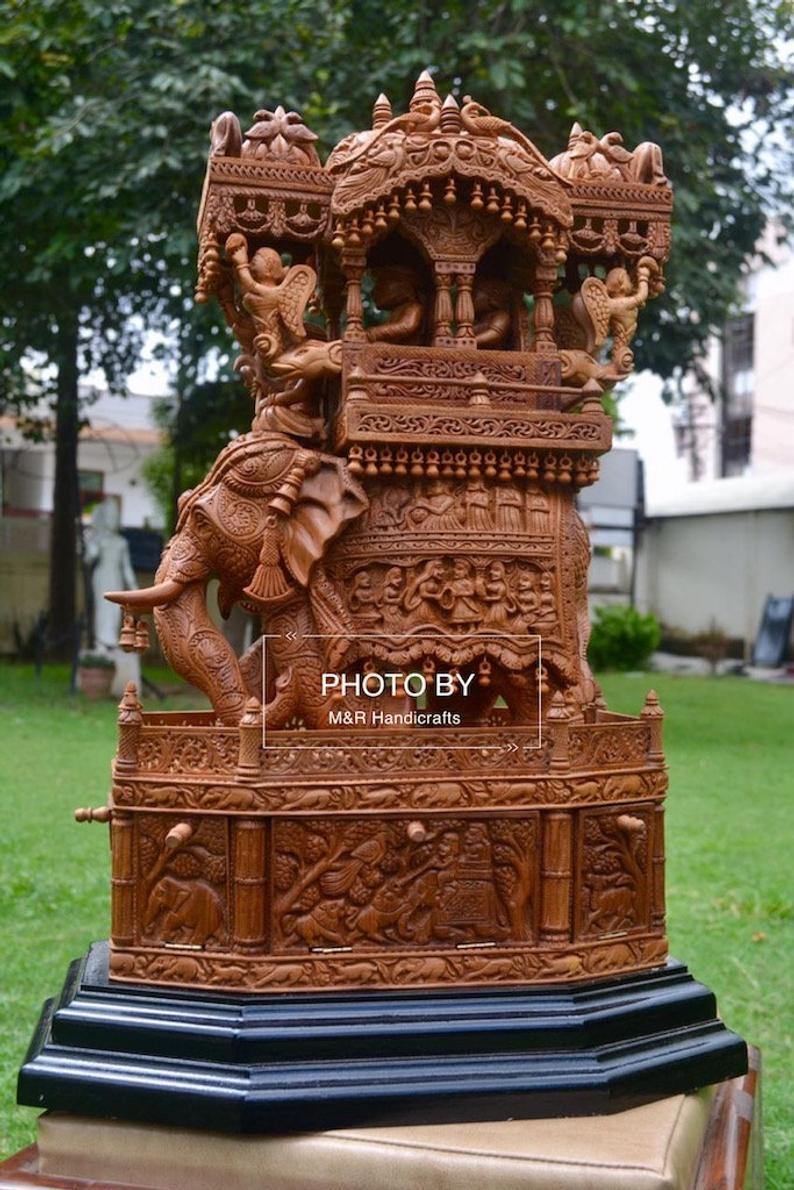 Sandalwood Fine Carved Royal Elephant Ambabari with Opening Base - Malji Arts