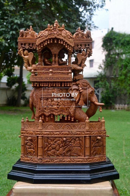 Sandalwood Fine Carved Royal Elephant Ambabari with Opening Base - Malji Arts