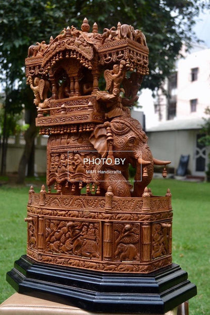 Sandalwood Fine Carved Royal Elephant Ambabari with Opening Base - Malji Arts